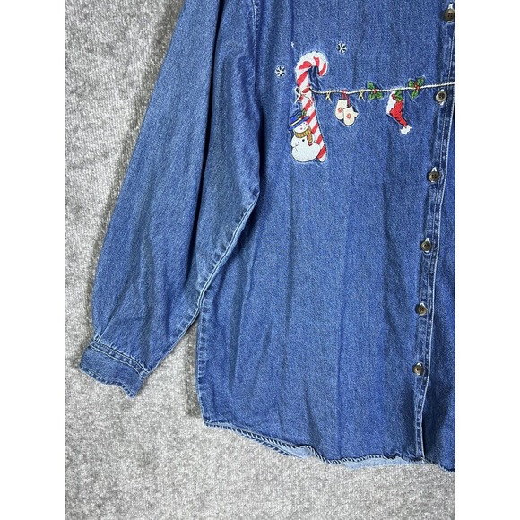 Vintage Nut Cracker Blue Denim Button Up Shirt Womens‎ XL Christmas Embroidery - Picture 8 of 14
